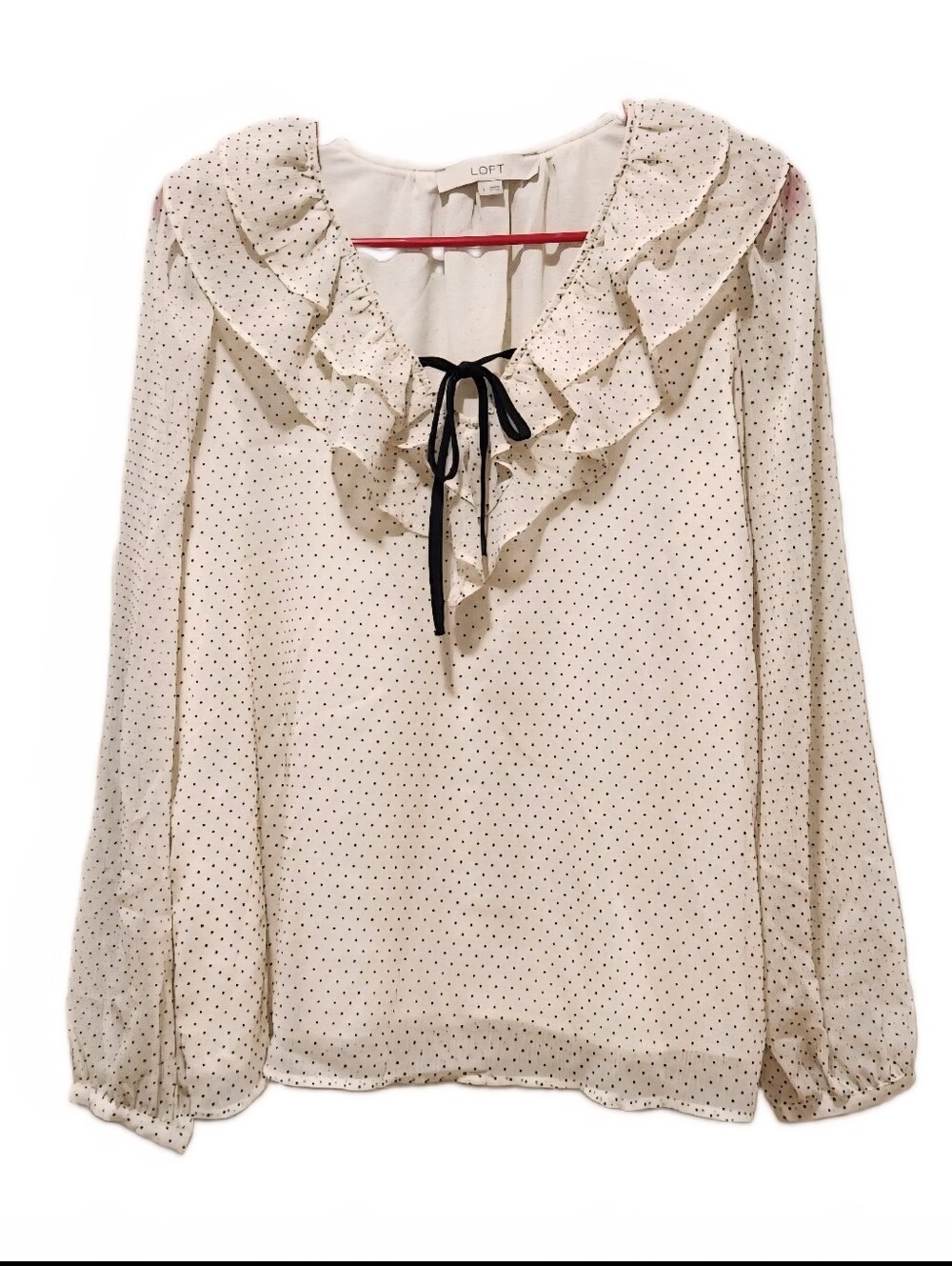 LOFT Cream Polka Dot Ruffled Tie-Neck Blouse Size Small